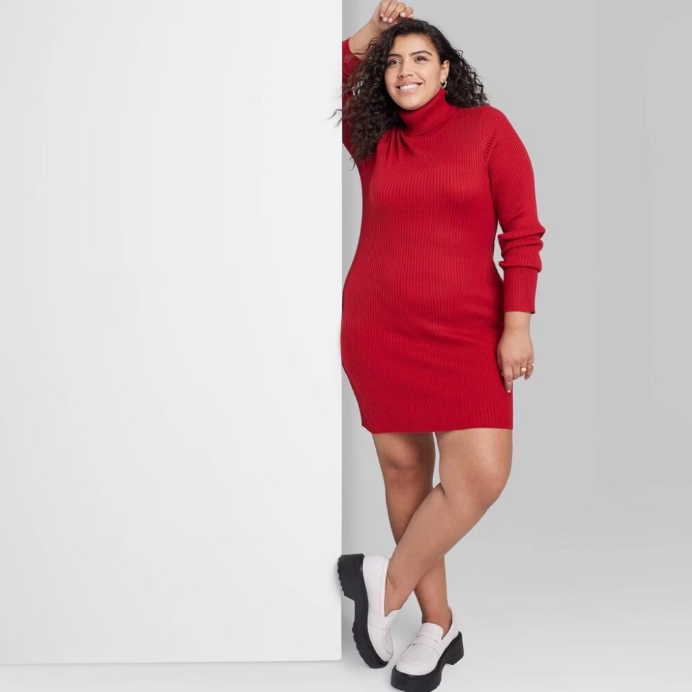 NEW! Women's Long Sleeve Bodycon Sweater Turtleneck Dress, Red